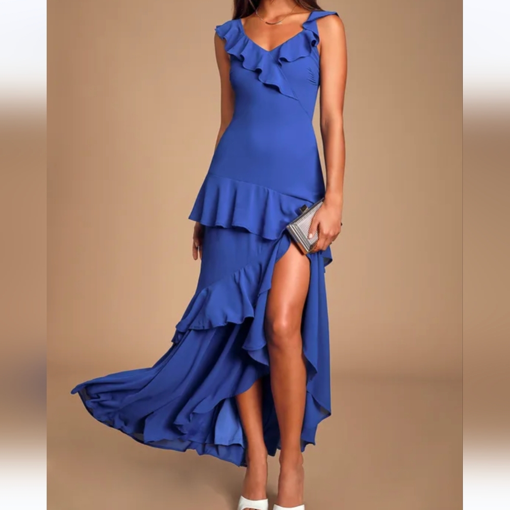Lulu's Calle Royal Blue Ruffled Sleeveless Maxi Dress, Small